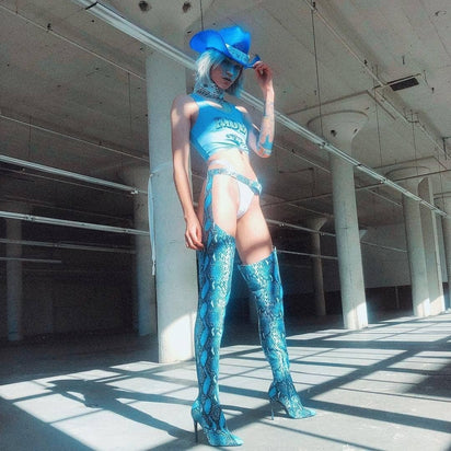 Blue neon cowgirl hat with bright LED lights perfect for mirror selfie lifestyle photoshoots and western costume styling