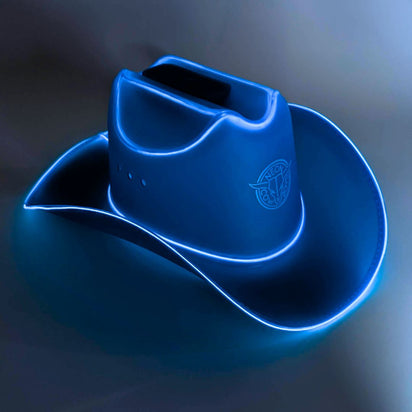 Blue LED neon cowgirl hat glowing vibrant for Pride parade celebrations festival outfits and western costume party fashion