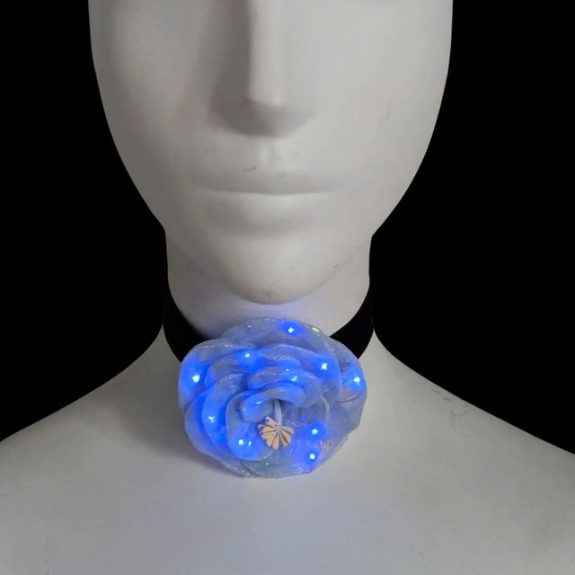 Blue LED Rose Choker - Velvet Necklace with Glowing Illuminated Flower - Light Up Jewelry Design for Raves, Music Festivals, Parties, Concerts, Sport Tailgating and Night Games