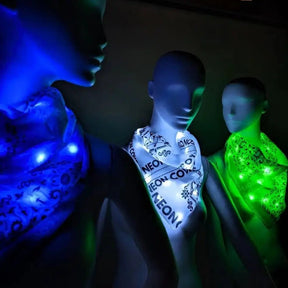 Blue, White, Green Light Up LED Bandana on Mannequin - Neon Cowboy Western Neck Scarf for Country Music Festivals - Nashville Concert Fashion Accessory