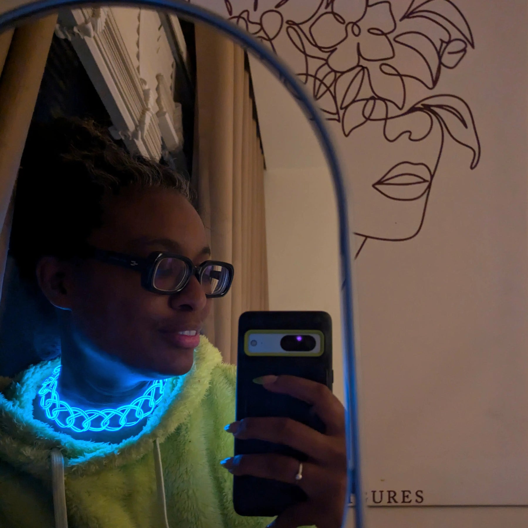 Blue Y2K Choker Selfie - Girl Wearing Light Up Chain Necklace - Illuminated 2000s Jewelry - Glowing Festival Fashion Accessory for Concerts and Hallowen Parties