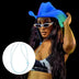 Woman adjusting light up blue cowboy hat with elastic chin strap at music festival, showing inset detail of durable secure fit accessory for rave dancing