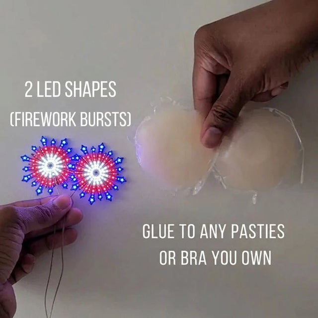 Custom LED firework pasties — red white & blue light-up nipple covers for 4th of July, patriotic & New Year's parties; made-to-order LED shape glued onto any pasties or bra