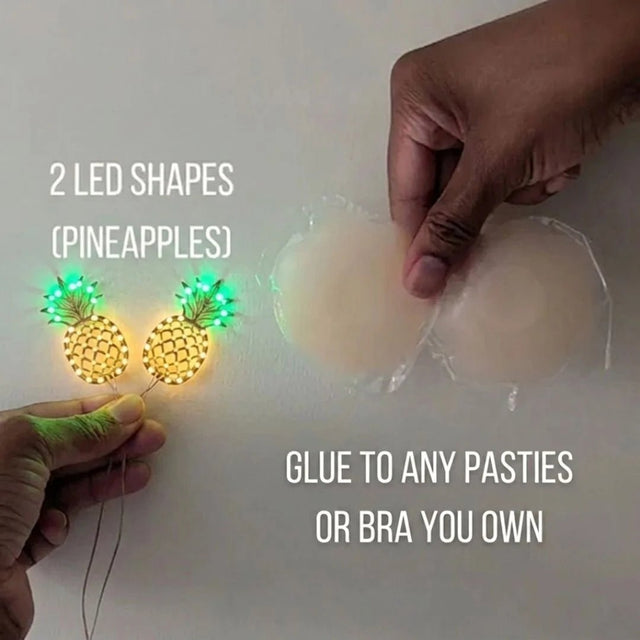 Custom LED pineapple pasties — light-up tropical nipple covers for luau, beach, festival & rave parties; made-to-order LED shape glued onto any pasties or bra