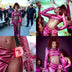 Collage of Doechii performing at Coachella wearing pink LED belt buckle with custom initial showcasing artist festival fashion and stage accessories styled by Sam Woolf