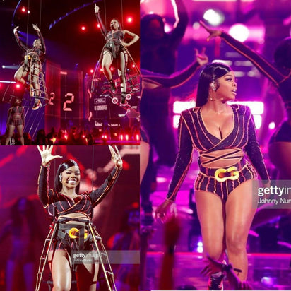 City Girls performing Twerkulator at 2021 BET Awards wearing custom LED belt buckles creating coordinated stage outfits for award show performances