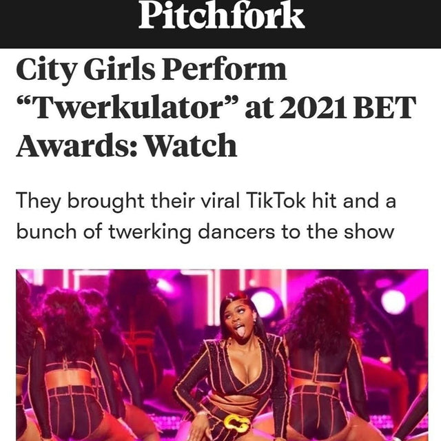 Pitchfork article about City Girls' Twerkulator performance at 2021 BET Awards highlighting custom light up belt buckles as signature performance accessories