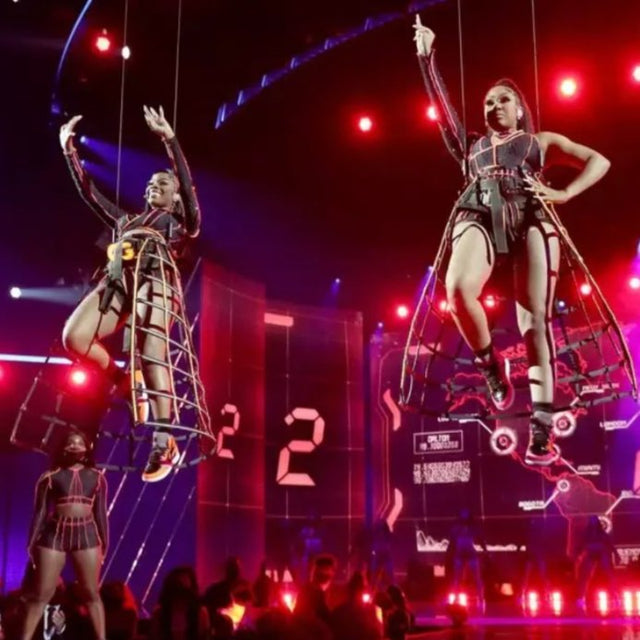 JT City Girls performing Twerkulator at BET Awards wearing custom light up LED belt buckles creating coordinated stage outfits for award show performances styled by Misa Hylton