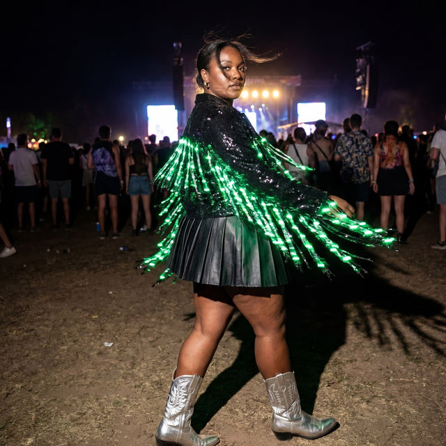 Black LED fringe jacket with light up sequin fringe at a festival, a woman twirling at a night concert in the black jacket with glowing green LED fringe, a led sequin fringe jacket and disco cowgirl jacket, a performance outfit and glowing stagewear for go-go dancers, drag and burlesque performers at raves, EDM concerts and Pride, Neon Cowboys