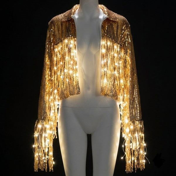 Gold LED light-up sequin fringe jacket glowing, on mannequin