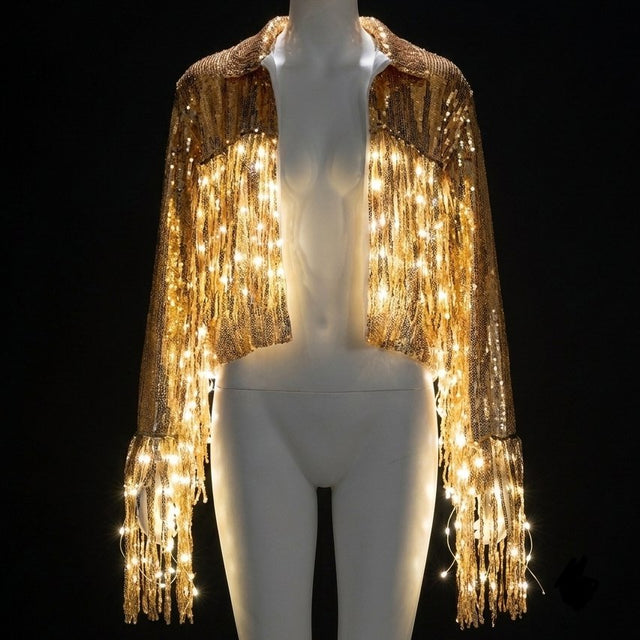 Gold LED light up sequin fringe jacket glowing on a mannequin with warm white LED fringe on black, a led sequin fringe jacket and disco cowgirl jacket, a glowing performance outfit and stagewear for go-go dancers, drag, cabaret and burlesque performers at music festivals, raves and EDM concerts, Neon Cowboys
