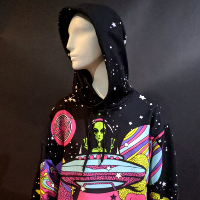 Side view of Day at the Farm hoodie on display showing detailed alien abduction artwork perfect for sci-fi conventions cosmic themed parties and trippy festival outfits