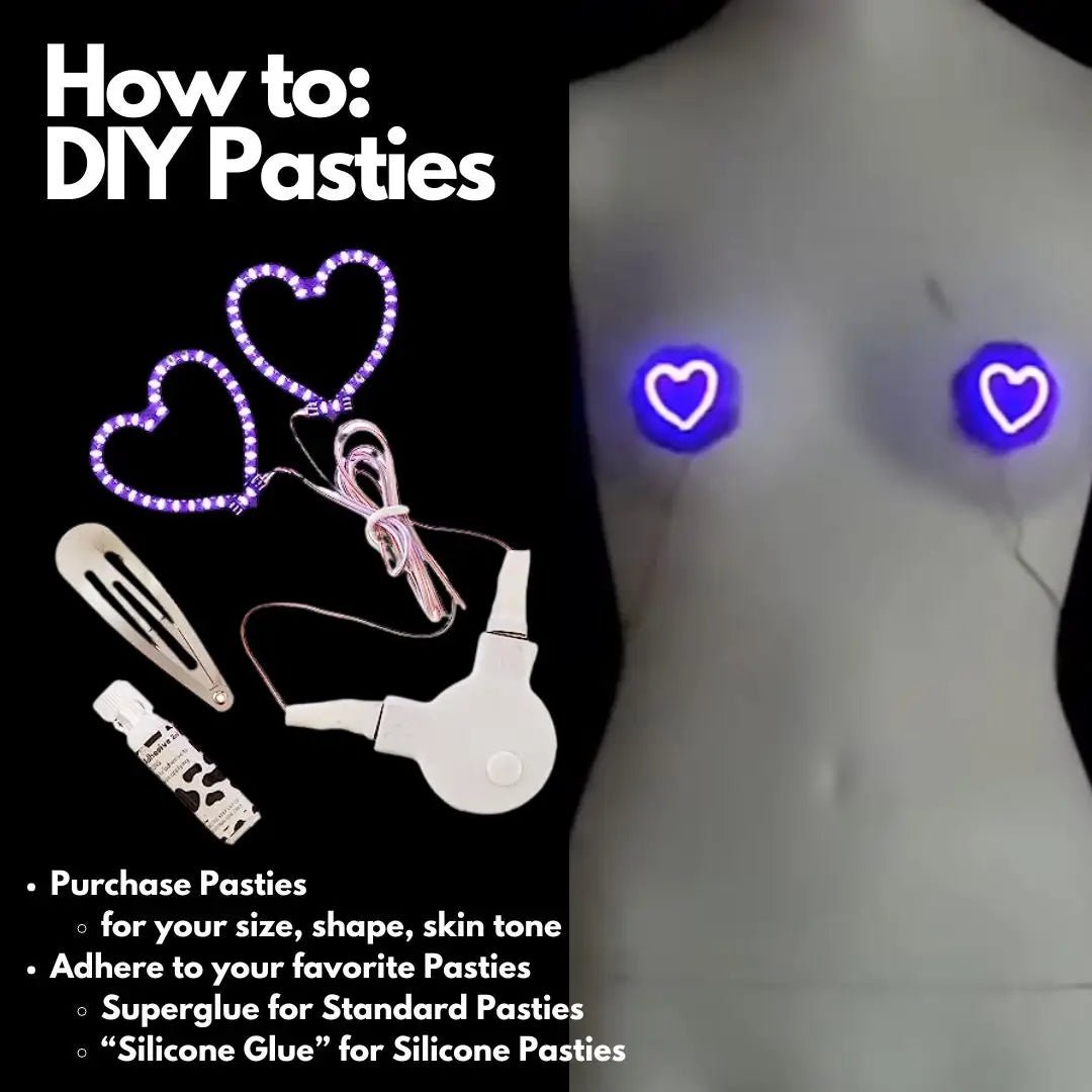 DIY Pasties Tutorial with LED Heart Shapes - Step-by-Step Guide for Creating Light Up Nipple Covers - Festival Fashion DIY Instructions - Purple Mardi Gras Hearts