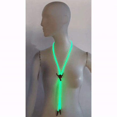 Aqua blue light up bolo tie on side view demonstrating flexible light cord and adjustable clasp for customizable western fashion accessories
