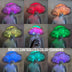 Collection of various colored LED furry bucket hats on female models - Assortment of illuminated plush headwear options in multiple vibrant colors for rave fashion, winter nightlife, and glowing accessories