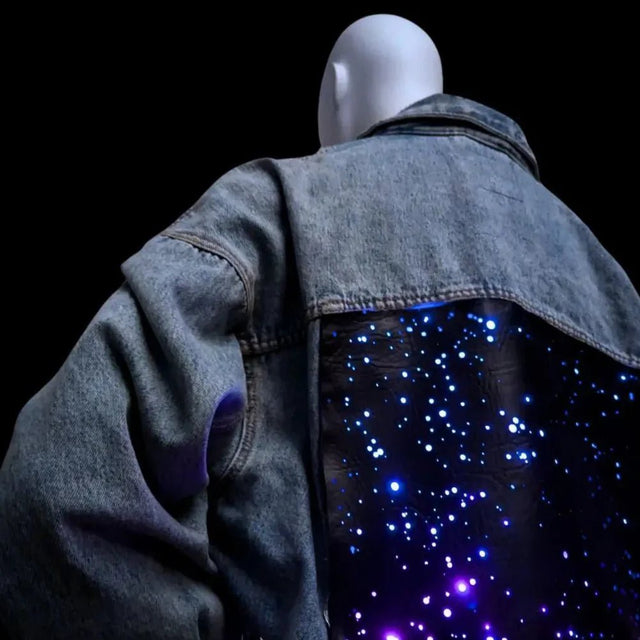 LED Denim Jacket Side View - Galaxy Light Up Panel on Jean Jacket - Festival Outfit with Color Changing Lights - Star Space Cowgirl Levis Denim Cool