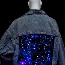 LED Galaxy Denim Jacket with Light Up Back Panel - Blue Rainbow Color Changing Lights on Jean Jacket - Music Festival Concert Fashion Statement Piece - Space Cowboy Cowgirl Outdoor Rustic Jacket