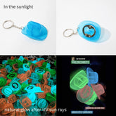 Blue cowboy hat bottle opener keychain in sunlight and a pile glowing in the dark after UV light exposure, for camping and night concerts, music festivals, bachelorette parties and rodeo events, Neon Cowboys