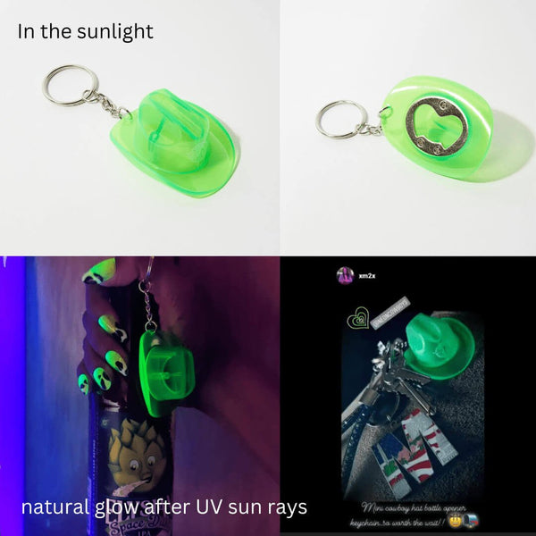 Green and blue cowboy hat keychains showing before and after UV light exposure with bright glow effect for nighttime events