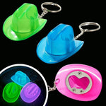 Green, blue and pink cowboy hat glow-in-the-dark bottle opener keychains with heart-shaped opener for music festivals and concert accessories