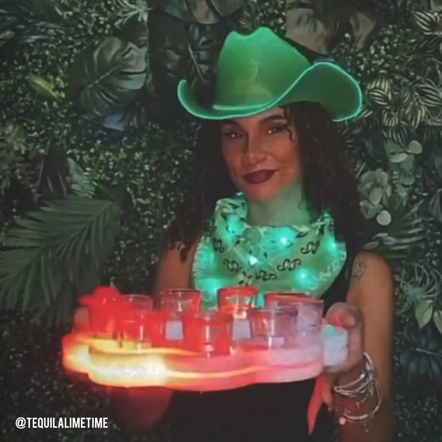 Green LED Bandana and Cowboy Hat - Bartender Waitress at Night Music Festival - Light Up Western Cowgirl Accessories for Outdoor Concerts and St Patricks Day 420 and Fun Corporate Events 