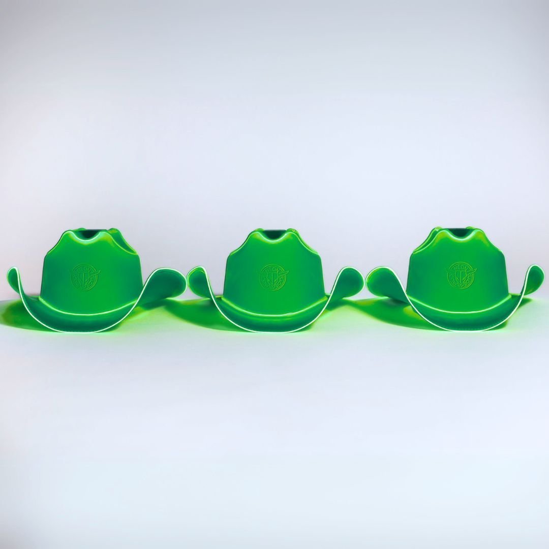 Green neon cowgirl hat with bright LED lights perfect for bulk purchase party planning group outfits and western costume fashion