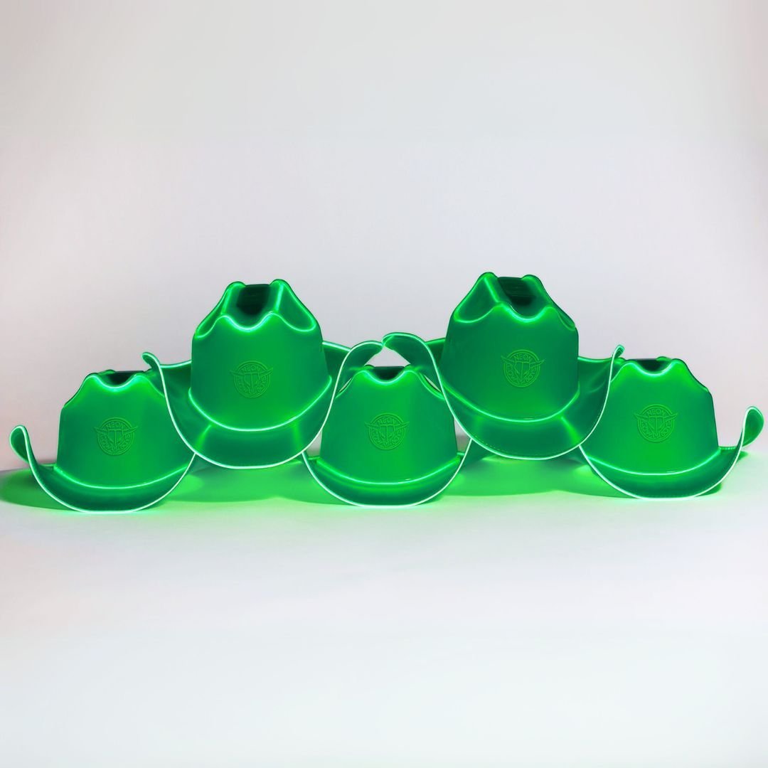 Green LED cowgirl hat glowing vibrant for bulk purchase party planning group celebrations and western costume fashion outfits