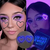 Split image of glowing purple heart LED face stickers held up and worn under the eyes, versatile illuminated led face jewelry and led makeup face gems for Taylor Swift's Lover Era concerts, Valentine's Day parties, music festivals, raves and romantic date nights, Neon Cowboys