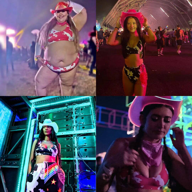 Group of women wearing light up bikinis and cowboy hats dancing at neon themed party showing how festival fashion creates memorable group outfits for music events and night celebrations