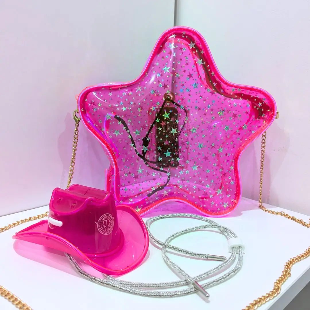 Pink Star Bag + Mini Neon Cowboy Hat Bundle Pack - Neon Space Cowgirl - y2k Glowing Festival Bag for EDM Raves Concerts Music Festivals - Clear Bag Policy with Matching Headwear