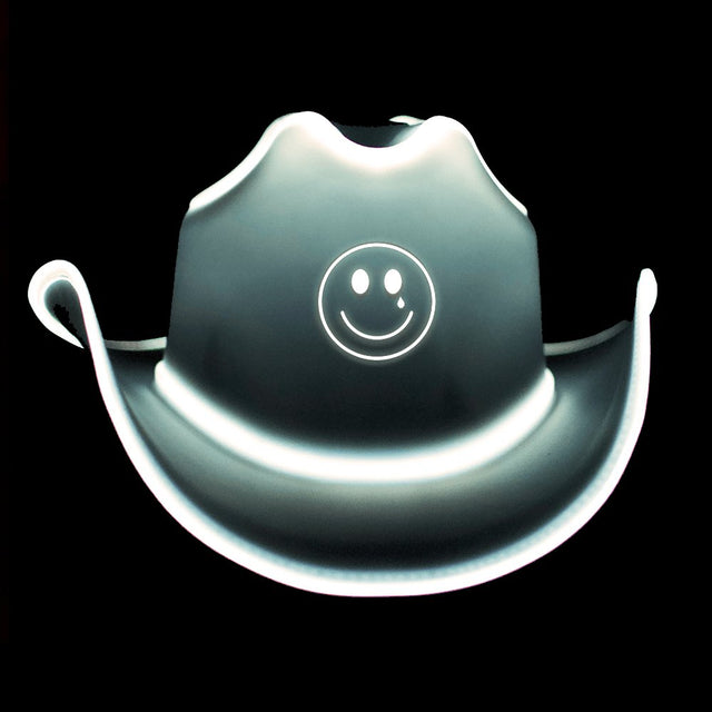 Gray white light up cowboy hat with glowing green smiley face and LED trim from Kacey Musgraves limited edition tour merchandise for night concerts and Halloween costumes