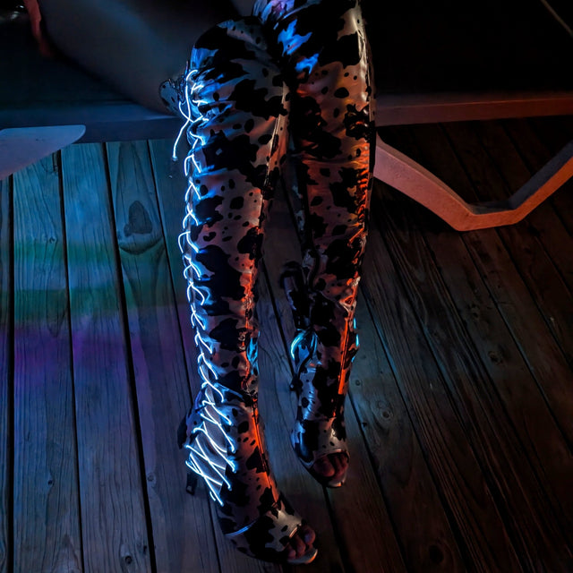 Lace Up Over the Knee Metallic Cowprint Boots - Neon Cowboys - shoes - 