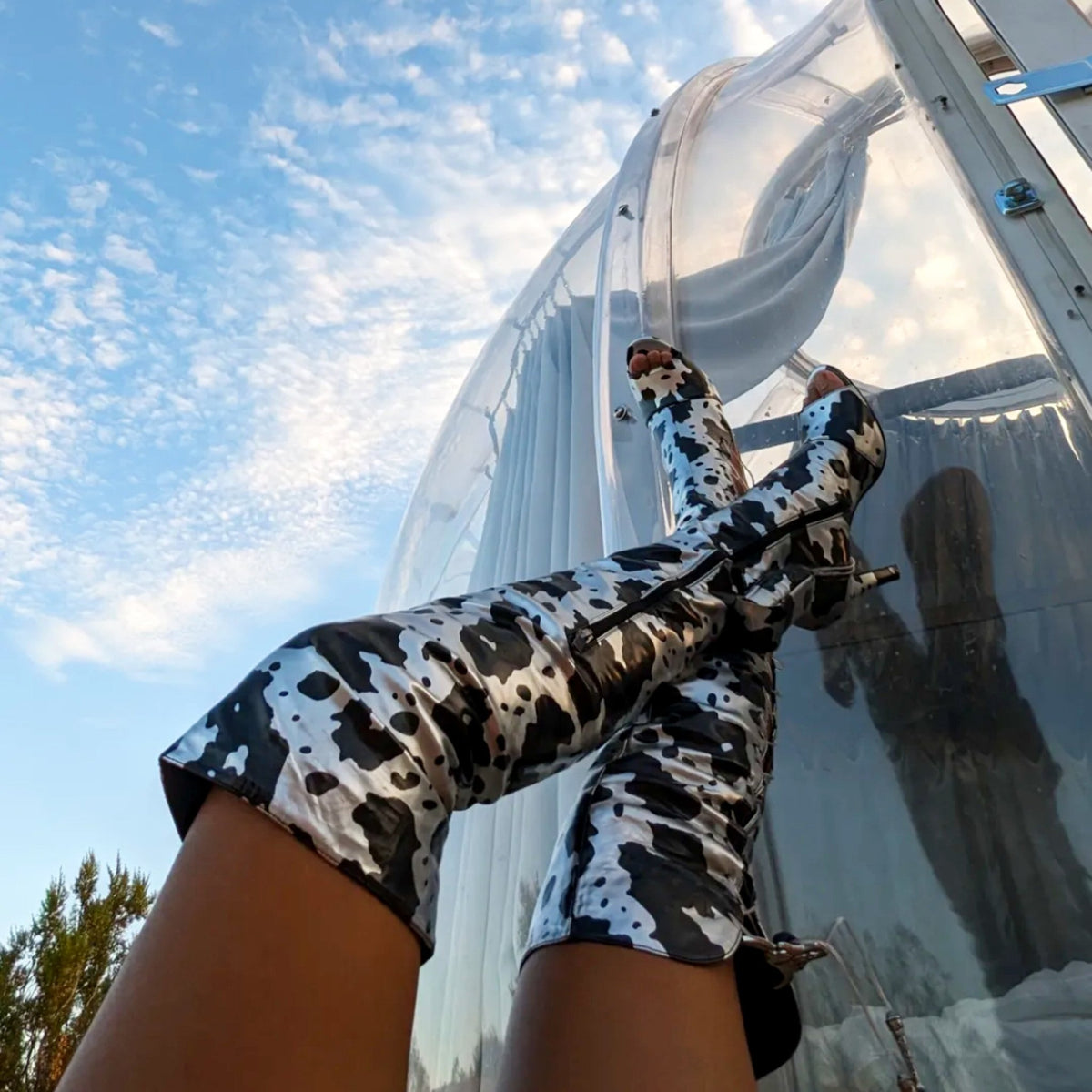 Lace Up Over the Knee Metallic Cowprint Boots - Neon Cowboys - shoes - 