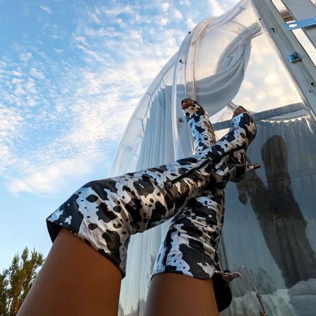 Lace Up Over the Knee Metallic Cowprint Boots - Neon Cowboys - shoes - 