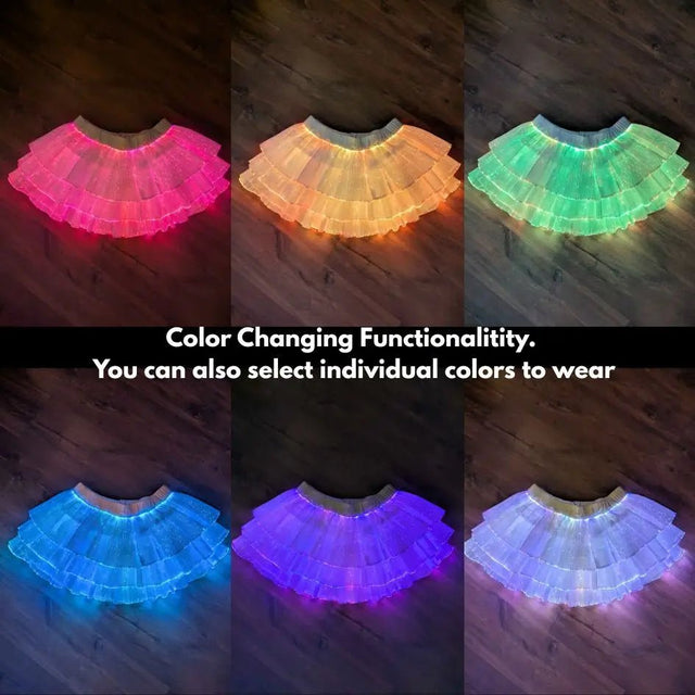 Grid of six Neon Cowboys LED 3 Layer Tiered Skirts showing color-changing glow in pink, orange, green, blue, purple and white, a light up dress and led rave outfit stagewear loved by go-go dancers, drag performers and festival dancers, a bold festival outfit for raves, EDM concerts and Pride, Neon Cowboys