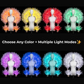 Color-changing LED feather back piece with matching LED arm cuffs shown in 8 glowing colors, an extravagant made-to-order light-up showpiece for showgirls, burlesque and drag performers, Mardi Gras, circus and event entertainers, Neon Cowboys
