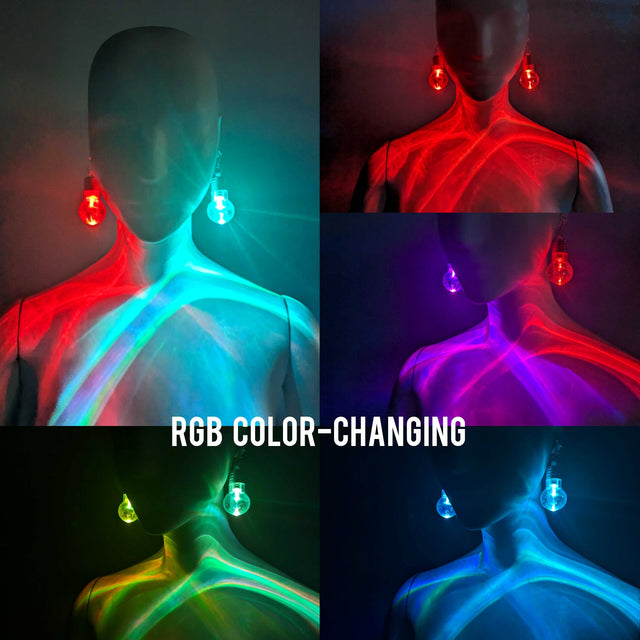 Multiple LED bulb earrings in various color modes - Collection of RGB color-changing light bulb-shaped earrings displaying different illumination settings for customizable fashion statements