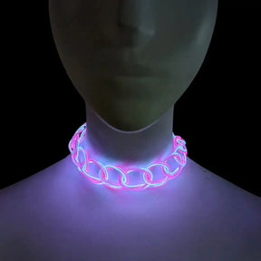 LED Chain Choker on Woman - Y2K Light Up Necklace - Nostalgic 2000s Jewelry - Glow Necklace for Parties and Music Festivals - Halloween Space Cowgirl Outfits and Matching Bachelorette Party Favors