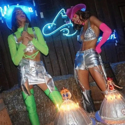 Simi Haze Young Hollywood Birthday Party - Neon LED Cowboy Hat Birthday Party with Barbie Doll Cake - Group Celebration Wearing Colorful Light Up Western Hats - Rodeo Glam Space Cowgirl Themed Birthday Event Kylie Jenner and Hailey Bieber Attend in Costume