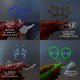 Features comparison chart for all LED face sticker designs - Technical specifications showing battery life, waterproof details, and application methods for all face sticker varieties