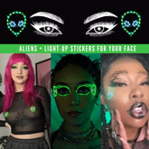 Alien LED face stickers promotional display - Green extraterrestrial-themed illuminated facial jewelry for sci-fi conventions, space-themed parties, alien costume contests, and futuristic events