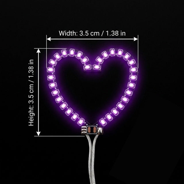 LED Heart Face Sticker size chart showing 3.5 cm / 1.38 in width and height, glowing purple heart LED face jewelry and light-up makeup dimensions for festivals, raves and Valentine looks, Neon Cowboys
