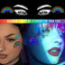 Rainbow LED light-up face stickers shown glowing on two models under blacklight, led face jewelry and led face gems with festival makeup for Pride, raves, EDM concerts and LGBTQ+ celebrations, Neon Cowboys