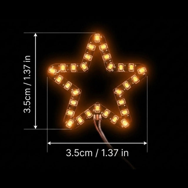 LED Star Face Sticker size chart showing 3.5 cm / 1.37 in width and height, glowing amber star LED face jewelry and light-up makeup dimensions for festivals, raves and concerts, Neon Cowboys