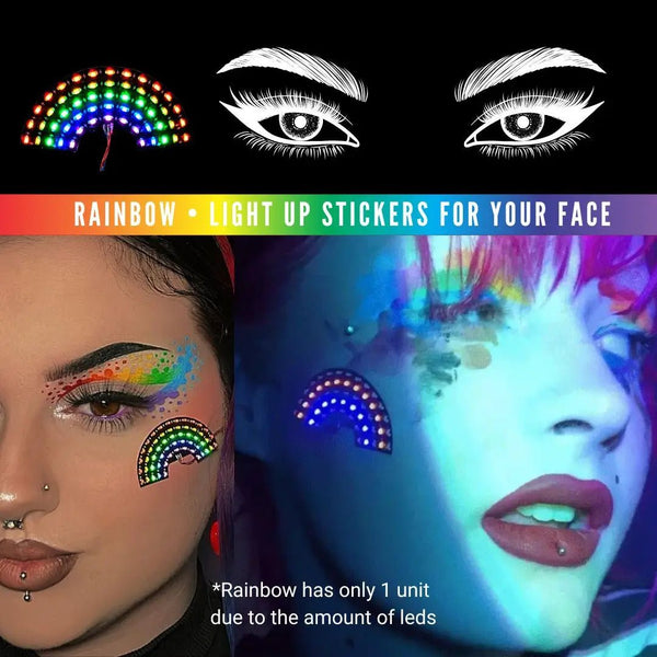 Rainbow LED face stickers promotional banner - Multi-colored illuminated facial jewelry for Pride celebrations, festival season, unicorn-themed parties, and children's events
