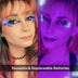 Woman wearing lightning bolt LED stickers with reusable battery feature - Bright facial accessory for emo concerts, music festivals, sci-fi themed parties, and theatrical performances