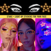 Stars LED face stickers promotional banner - Gold star-shaped illuminated facial jewelry for celestial-themed parties, New Year's Eve celebrations, award ceremonies, and graduation events