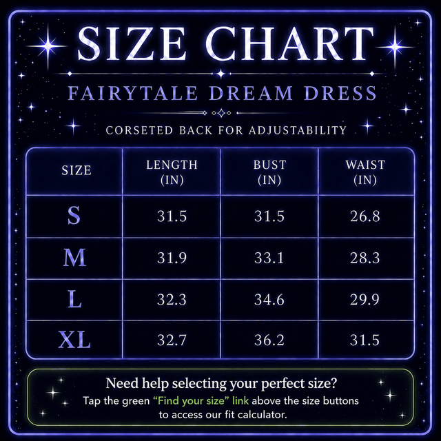 Neon Cowboys LED Fairytale Dream Dress size chart with garment measurements (length, bust, waist) for sizes S to XL, corseted adjustable back, plus a Find Your Size fit calculator link