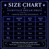 Neon Cowboys LED Fairytale Dream Dress size chart with garment measurements (length, bust, waist) for sizes S to XL, corseted adjustable back, plus a Find Your Size fit calculator link
