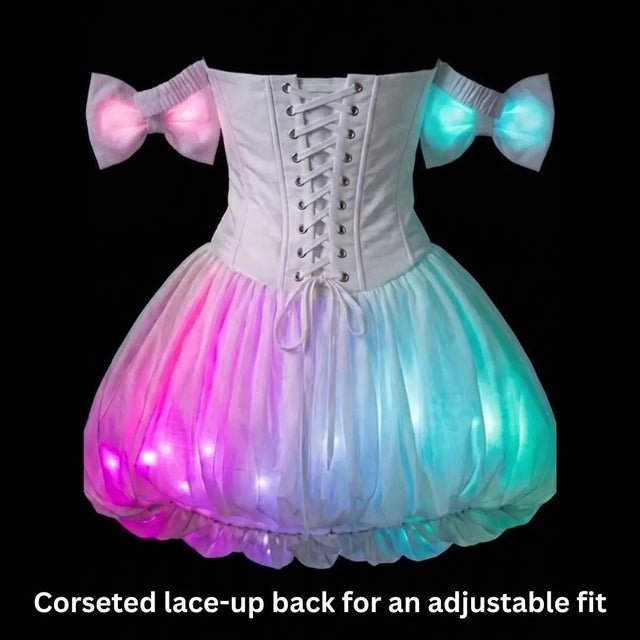 Neon Cowboys LED Fairytale Dream Dress glowing pink and teal showing the corseted lace-up adjustable back, a light up dress and led rave outfit stagewear for showgirls, burlesque performers and drag queens, a dreamy festival outfit for raves, weddings and bachelorette parties, Neon Cowboys